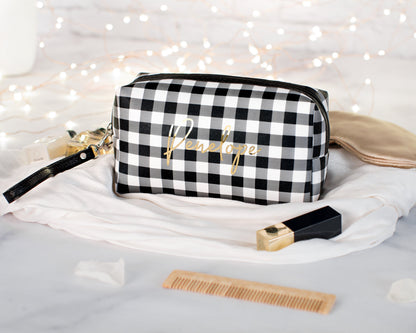 The Chalkboard Buffalo Plaid Zip Pouch — personalized buffalo plaid makeup bag