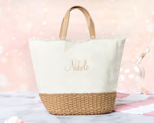 The Farmers Market Canvas Tote — personalized canvas tote with basket-weave base