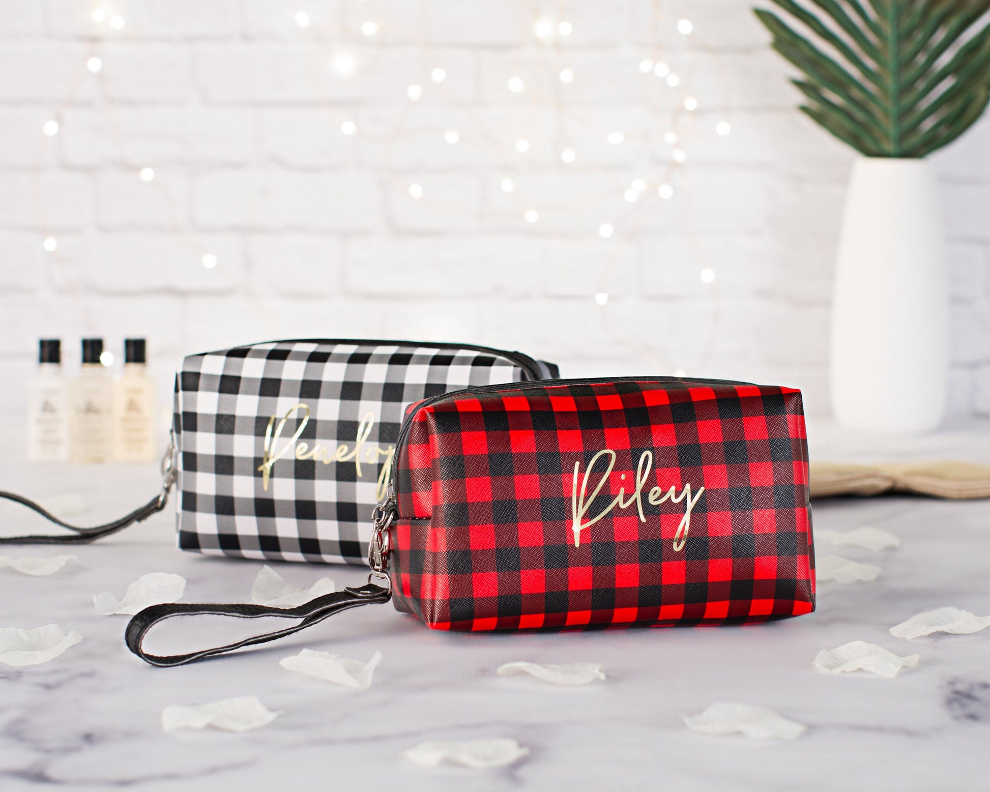 The Chalkboard Buffalo Plaid Zip Pouch — personalized buffalo plaid makeup bag