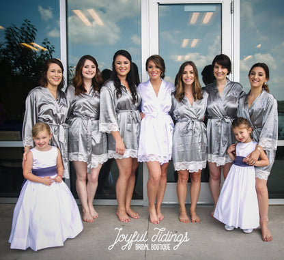 The First Look Lace-Trim Satin Robe — personalized lace satin bridesmaid robe
