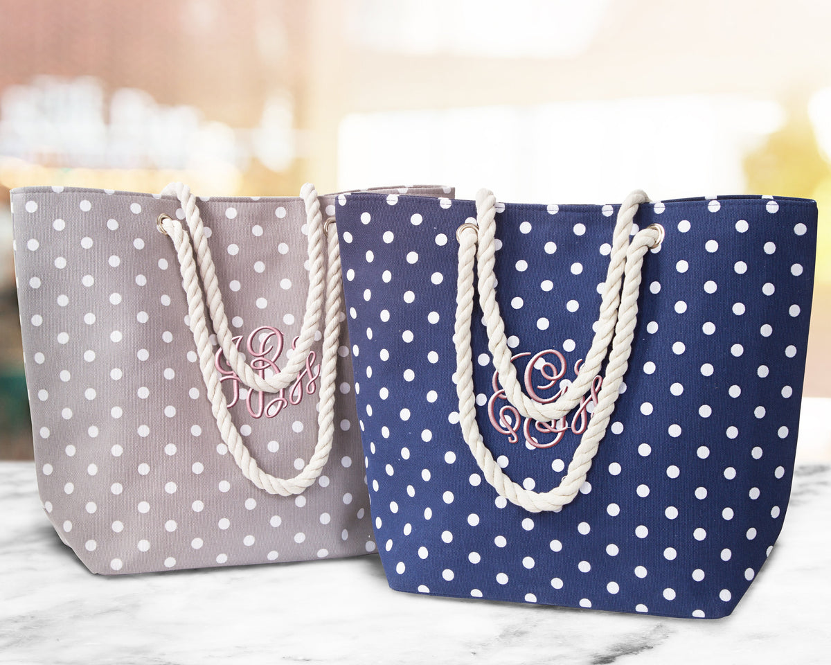 The Sandbar Printed Canvas Beach Tote — personalized polka dot beach tote