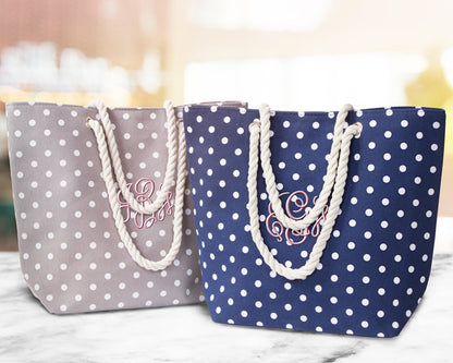 The Sandbar Printed Canvas Beach Tote — personalized polka dot beach tote