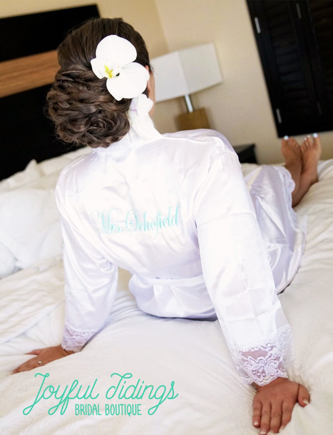 The First Look Lace-Trim Satin Robe — personalized lace satin bridesmaid robe