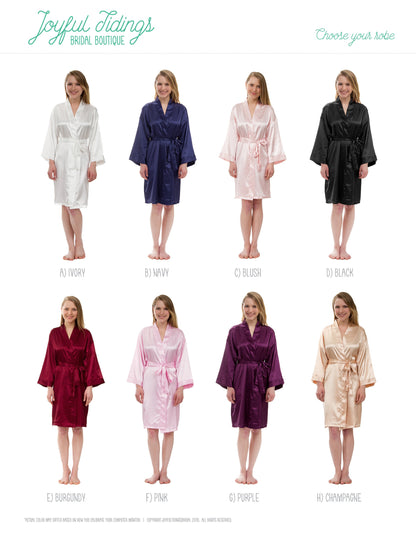 The I Do Crew Satin Kimono Robe — personalized satin bridesmaid robes