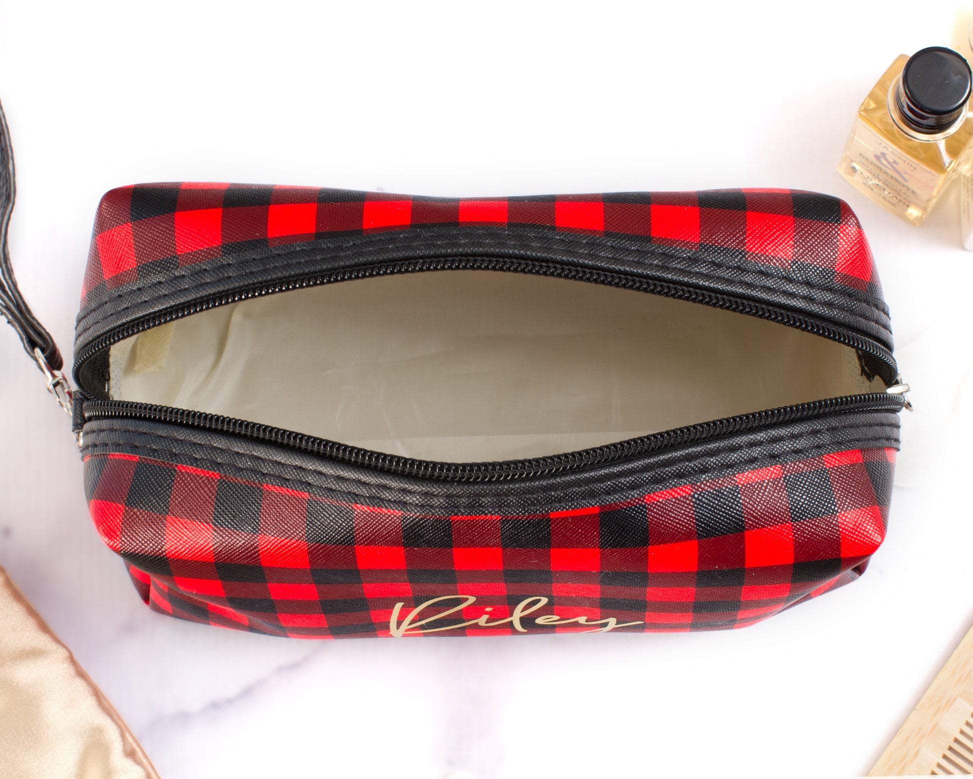 The Chalkboard Buffalo Plaid Zip Pouch — personalized buffalo plaid makeup bag