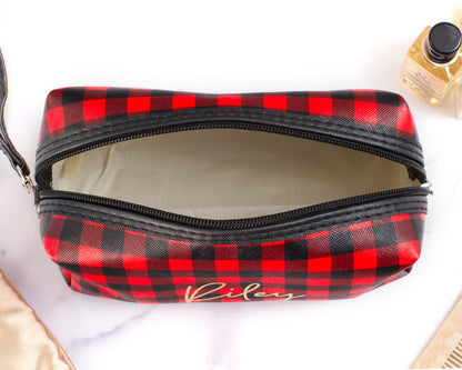 The Chalkboard Buffalo Plaid Zip Pouch — personalized buffalo plaid makeup bag