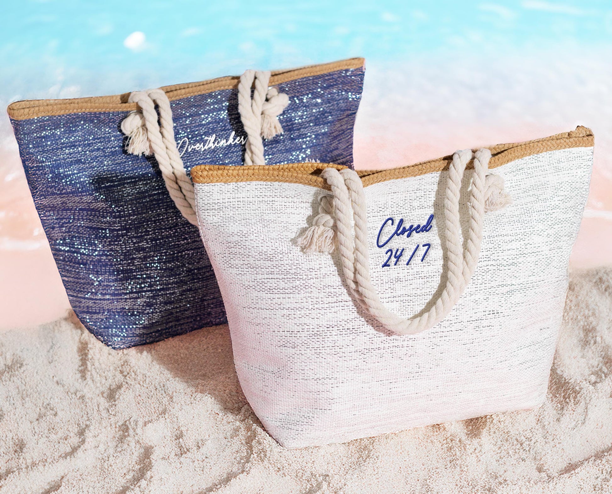 The Seaside Straw-Trim Canvas Tote — personalized straw-trim beach tote