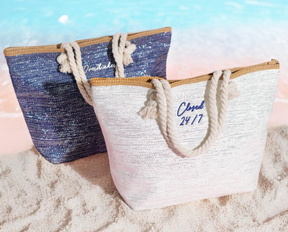 The Seaside Straw-Trim Canvas Tote — personalized straw-trim beach tote