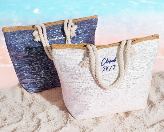 The Seaside Straw-Trim Canvas Tote — personalized straw-trim beach tote