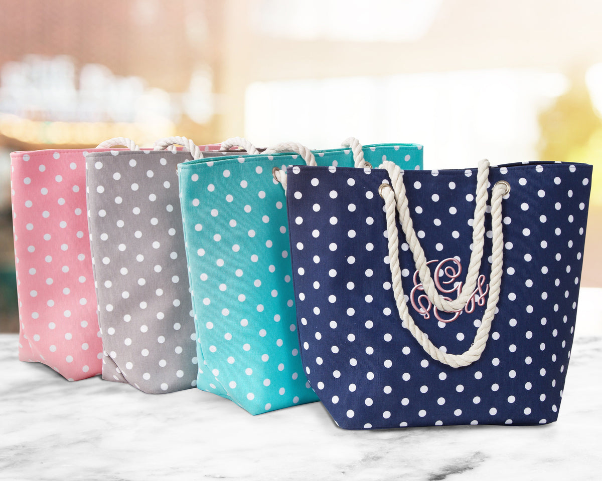 The Sandbar Printed Canvas Beach Tote — personalized polka dot beach tote