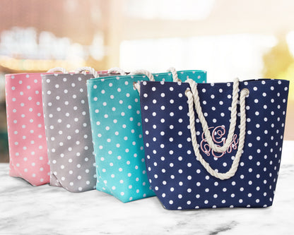The Sandbar Printed Canvas Beach Tote — personalized polka dot beach tote