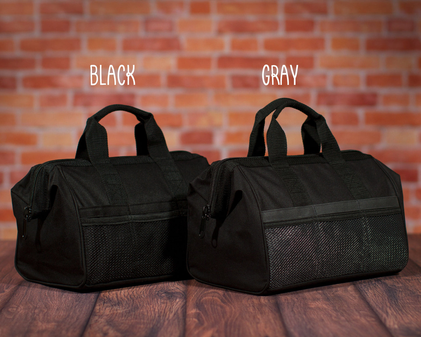 The tool bag shown in Black and in Gray side by side for colour comparison