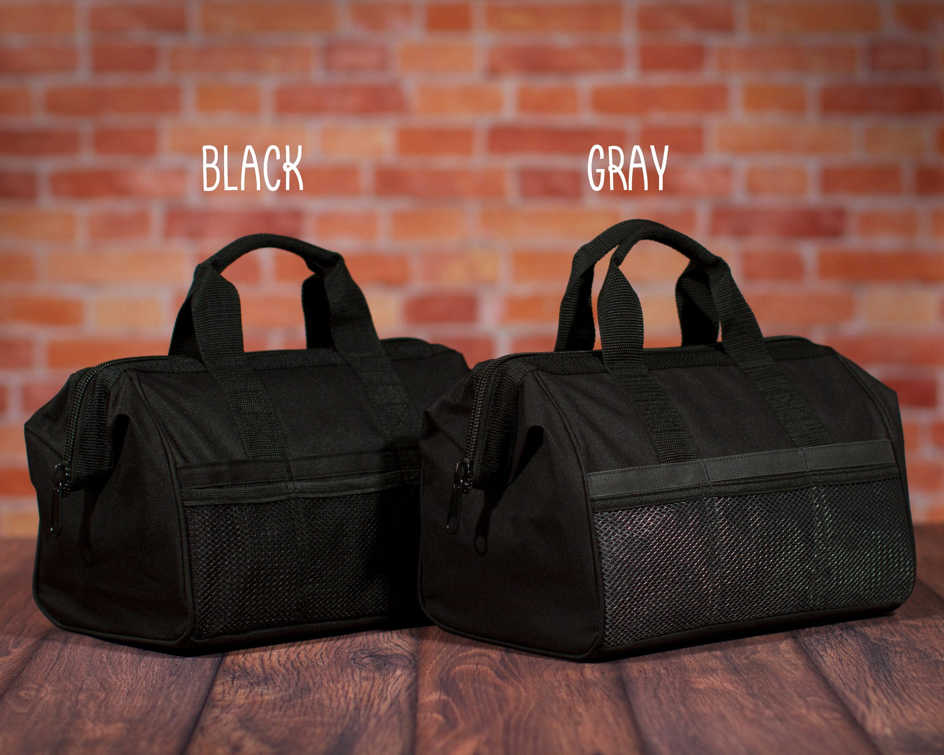 The tool bag shown in Black and in Gray side by side for colour comparison