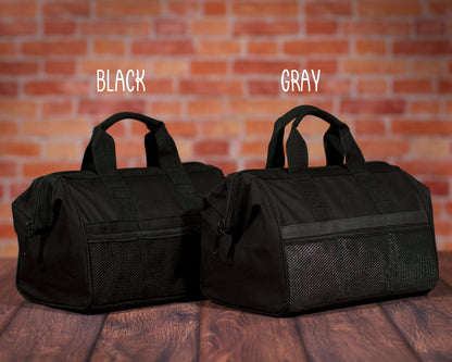 The tool bag shown in Black and in Gray side by side for colour comparison