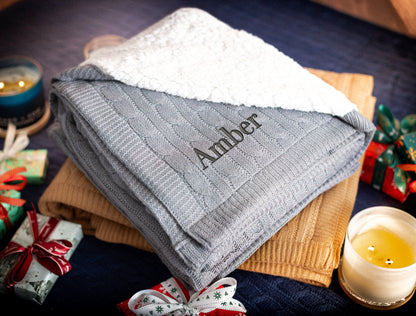 Double Fleece Cable Knit Throw Blanket