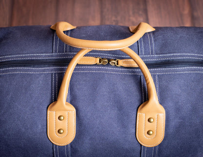 The Wanderlust Canvas Duffle, Indigo with Vegan Leather