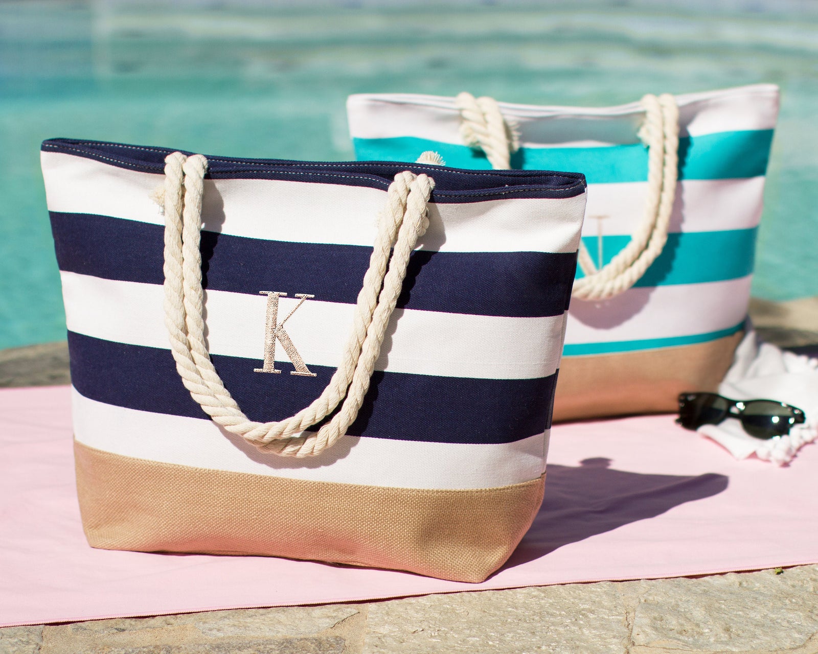 The Cabana Striped Canvas Beach Tote — personalized striped beach bag