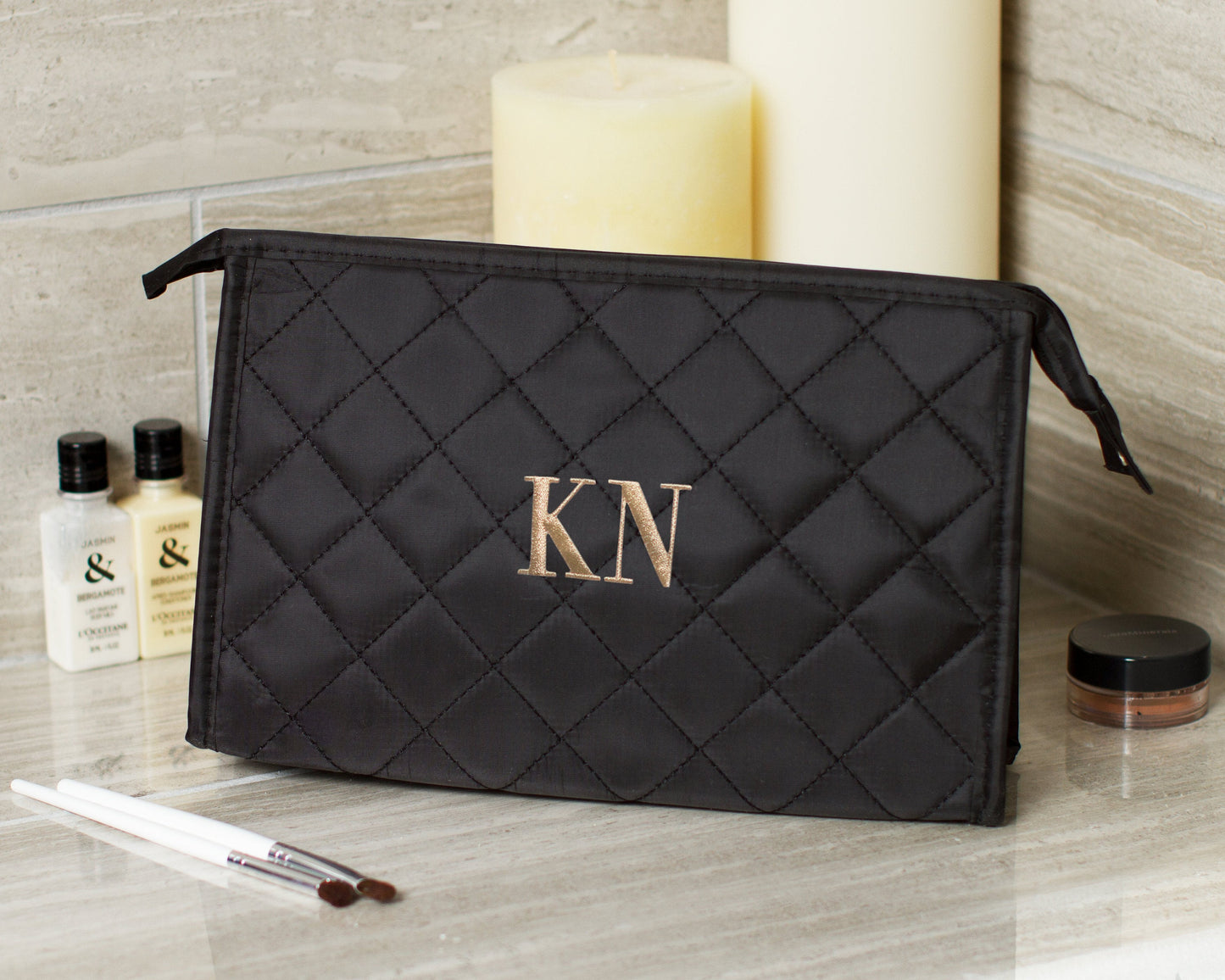 The Powder Room Quilted Cosmetic Bag — personalized quilted makeup pouch