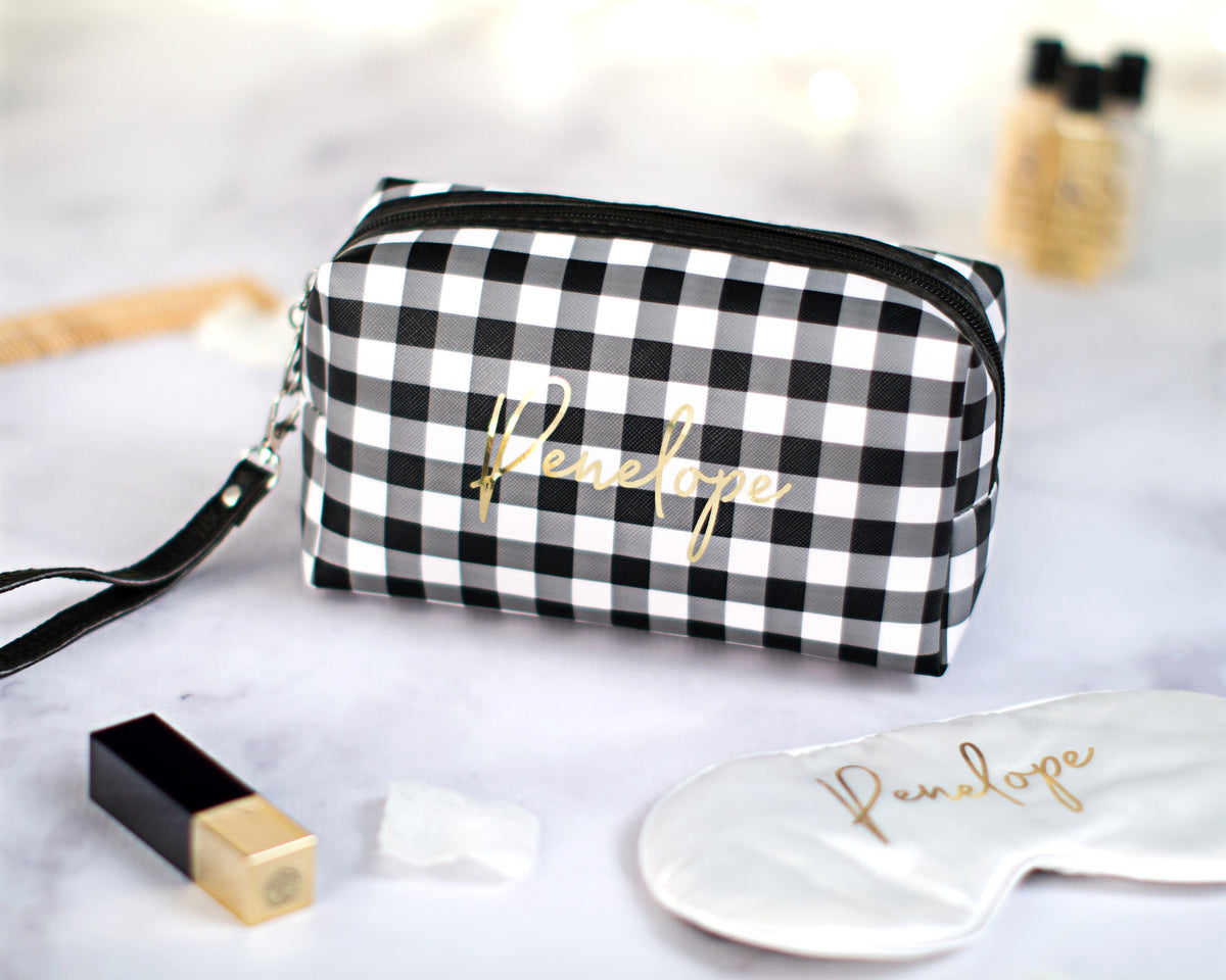The Chalkboard Buffalo Plaid Zip Pouch — personalized buffalo plaid makeup bag