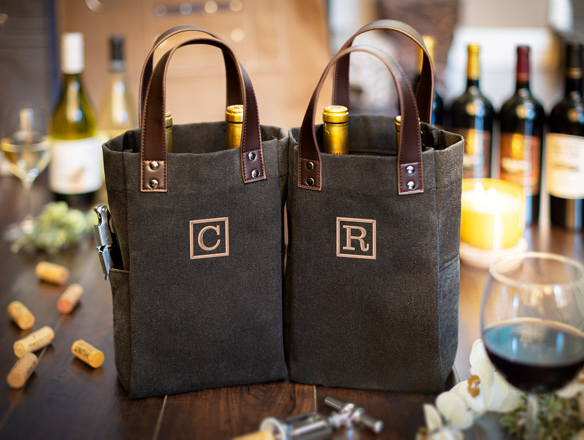 The Sommelier Two-Bottle Wine Tote — personalized canvas wine bag