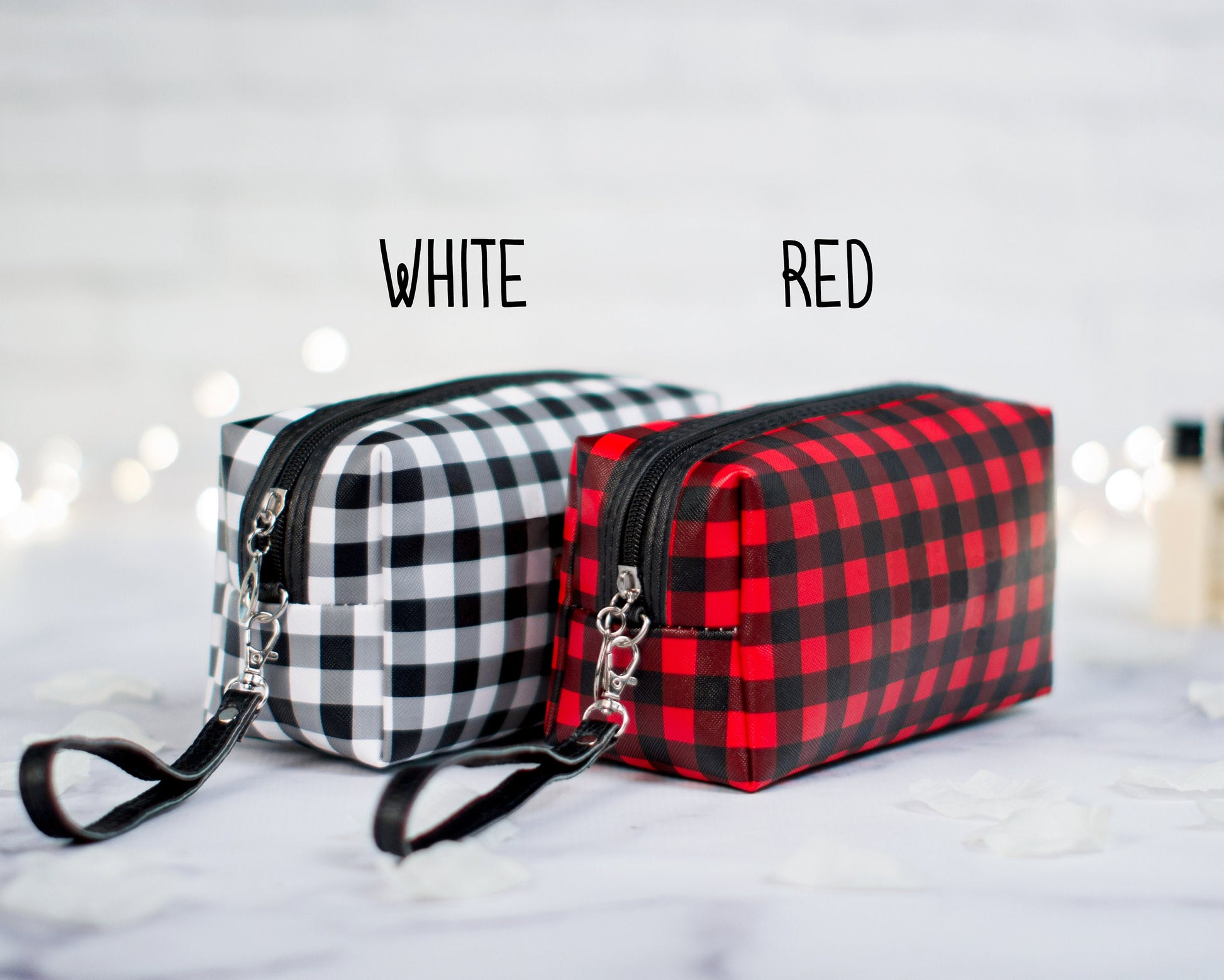 The Chalkboard Buffalo Plaid Zip Pouch — personalized buffalo plaid makeup bag