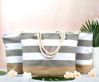 The Cabana Striped Canvas Beach Tote — personalized striped beach bag