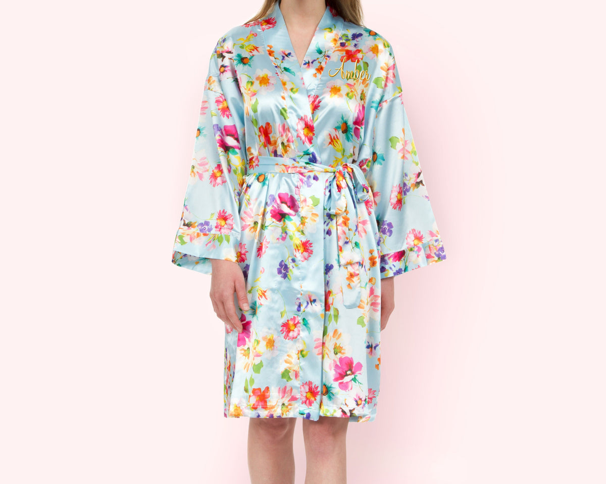 The Catalina Floral Satin Robe — personalized floral satin robe