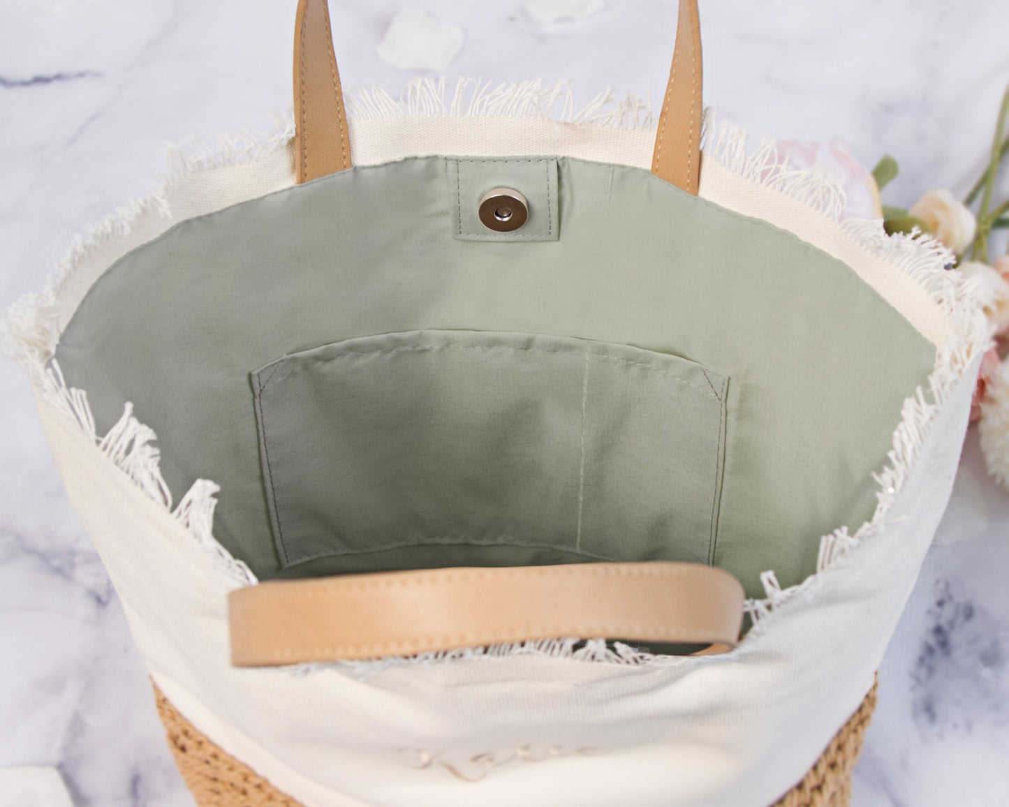 The Farmers Market Canvas Tote — personalized canvas tote with basket-weave base