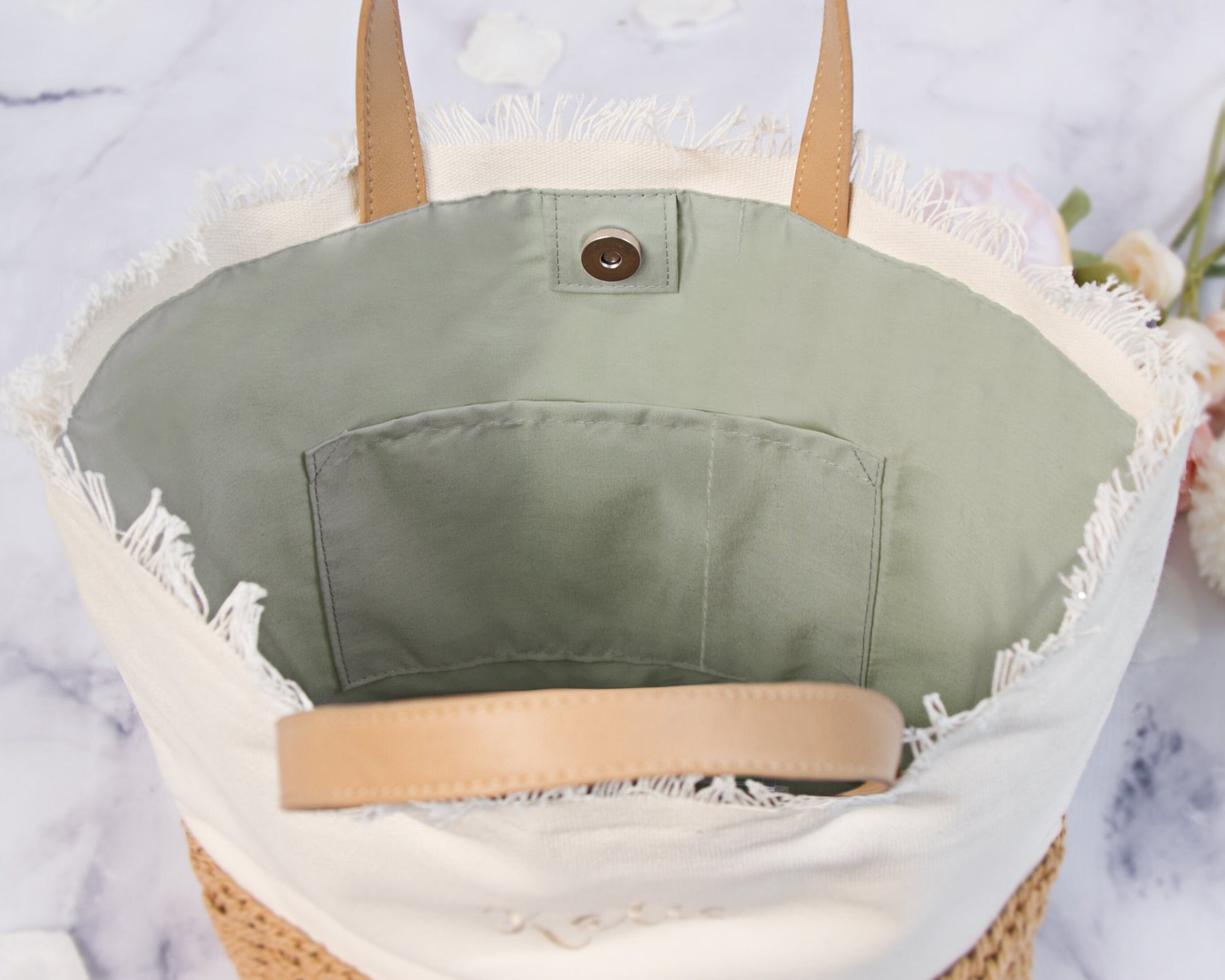 The Farmers Market Canvas Tote — personalized canvas tote with basket-weave base