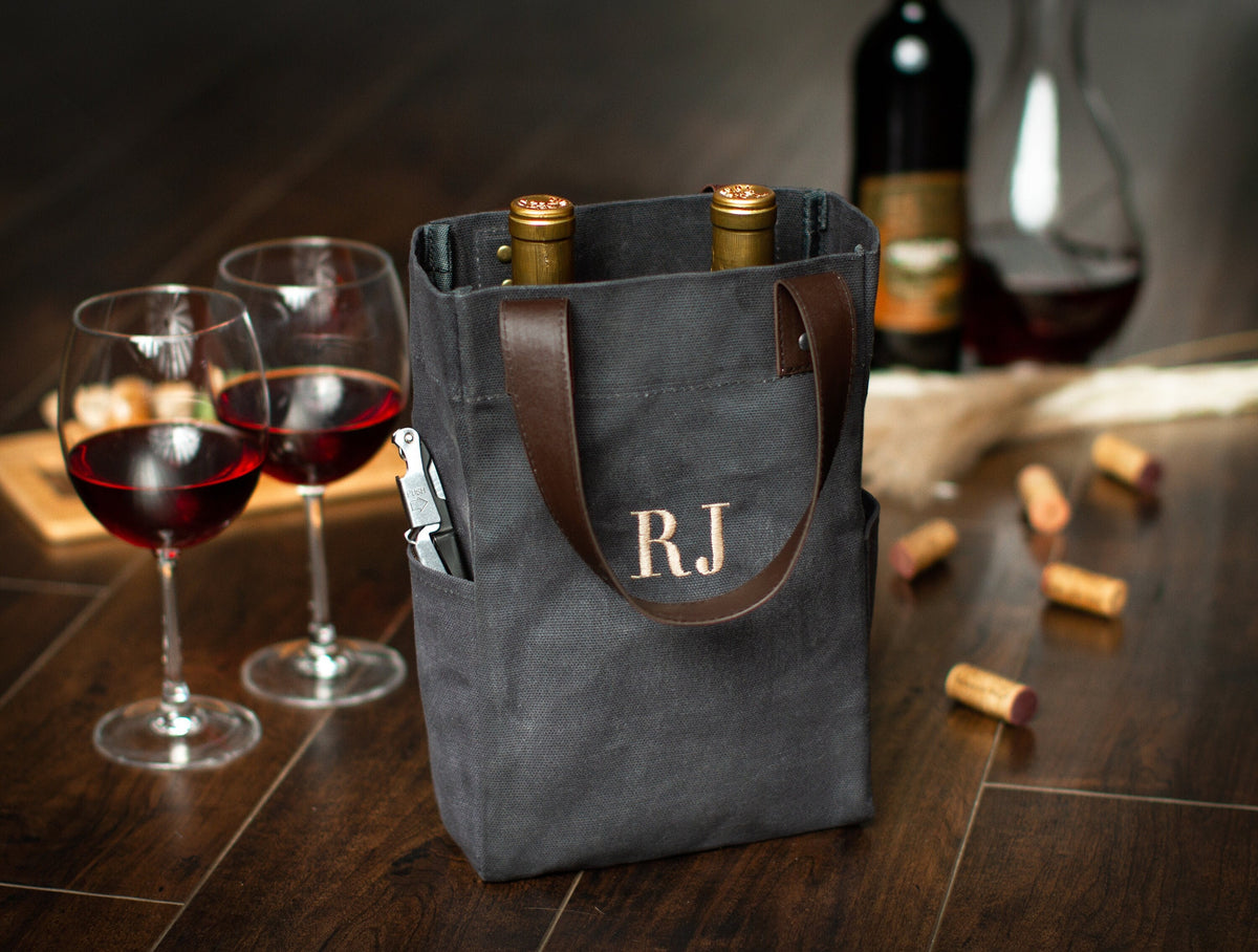 The Sommelier Two-Bottle Wine Tote — personalized canvas wine bag