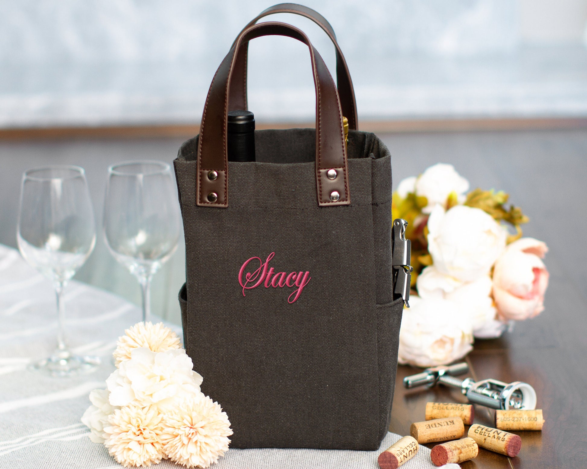 The Sommelier Two-Bottle Wine Tote — personalized canvas wine bag