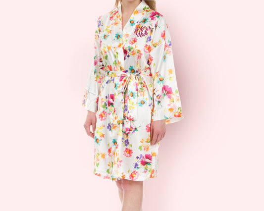 The Catalina Floral Satin Robe — personalized floral satin robe
