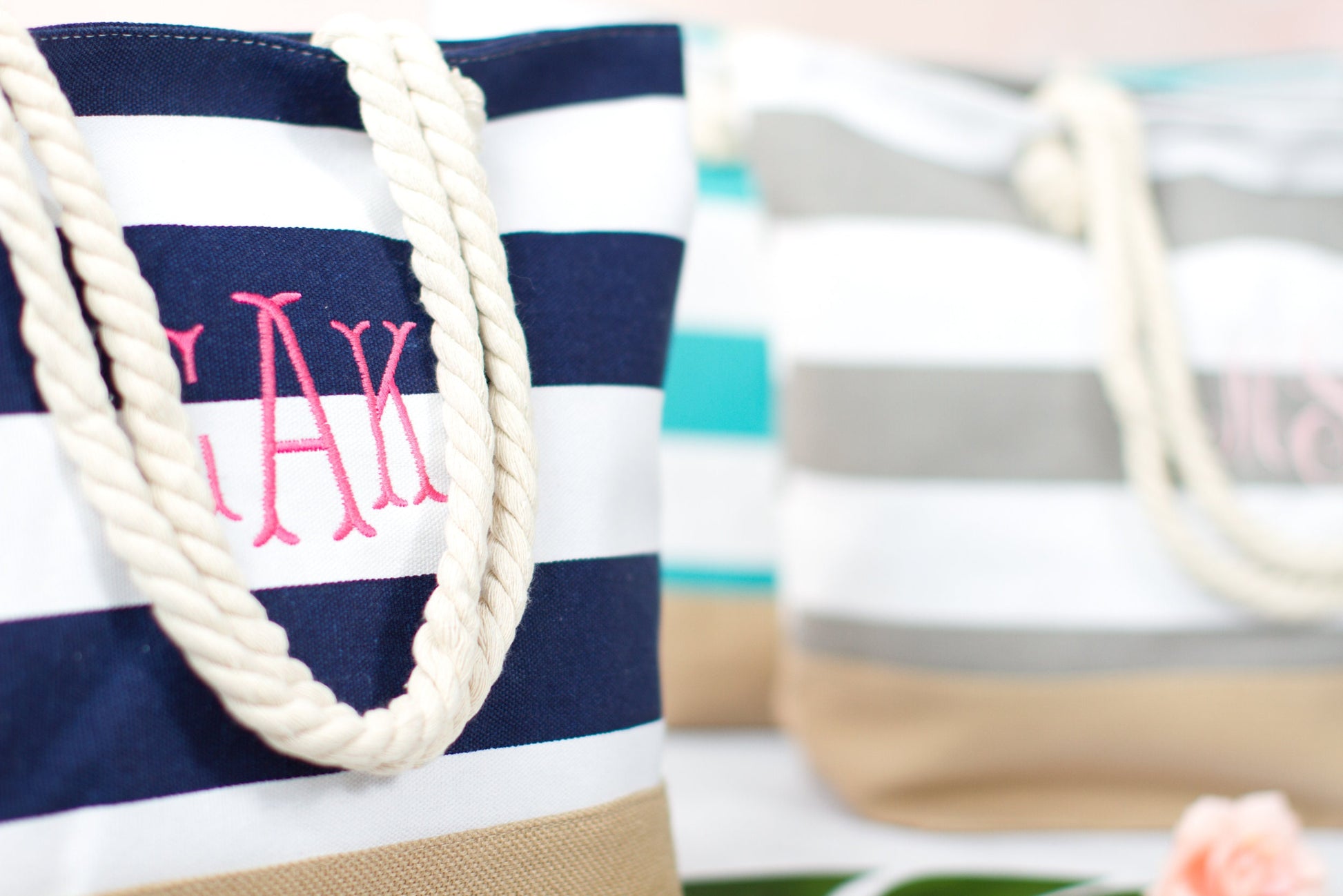 The Cabana Striped Canvas Beach Tote — personalized striped beach bag