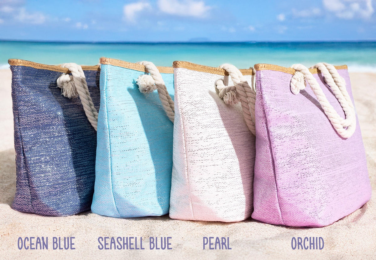The Seaside Straw-Trim Canvas Tote — personalized straw-trim beach tote