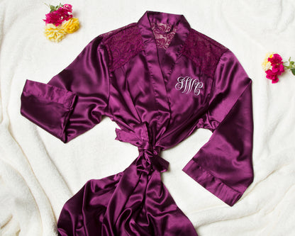 The Lace Yoke Satin Robe — personalized lace yoke satin robe