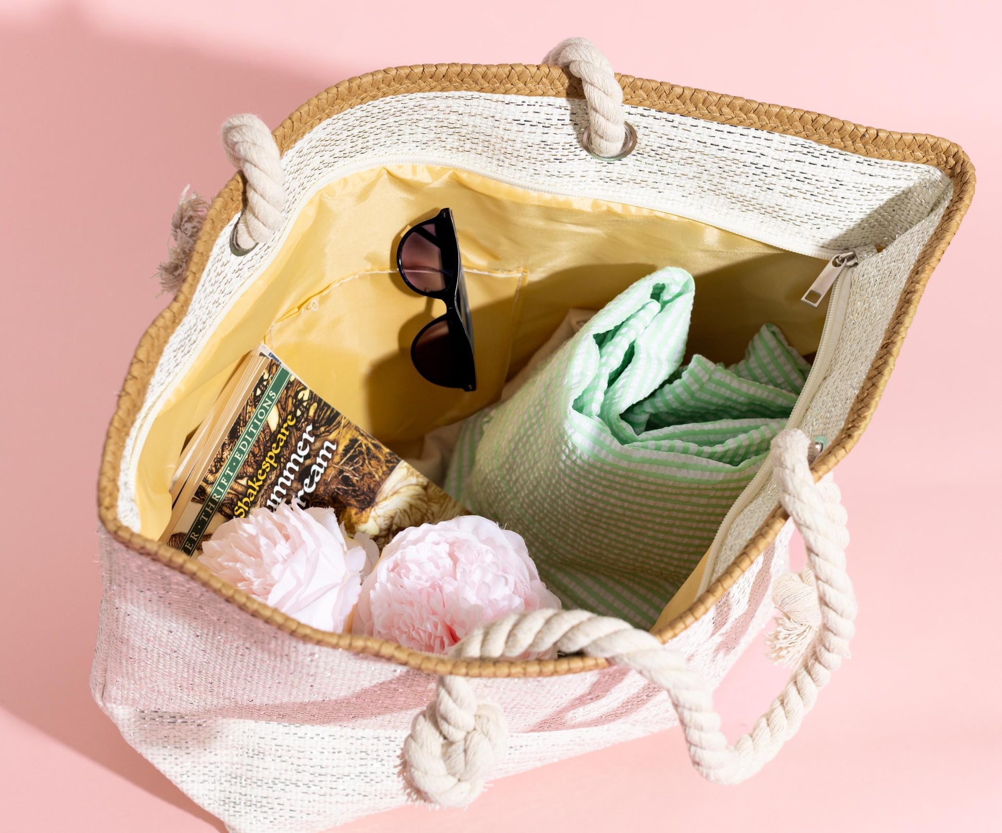 The Seaside Straw-Trim Canvas Tote — personalized straw-trim beach tote