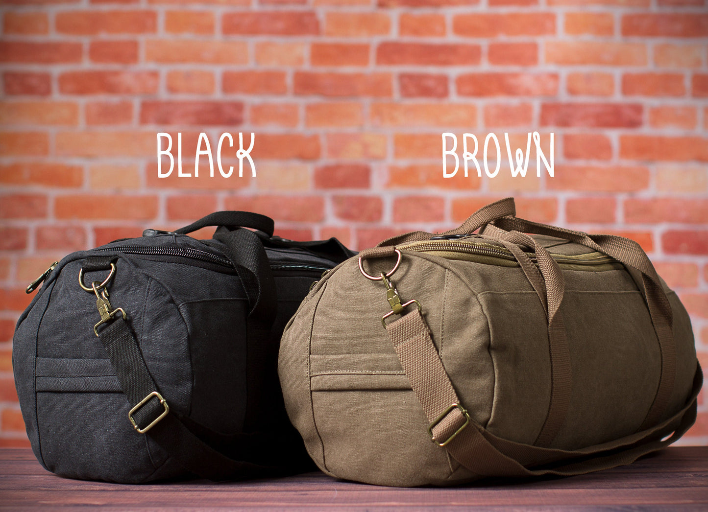 Black and brown washed canvas weekender duffles side by side