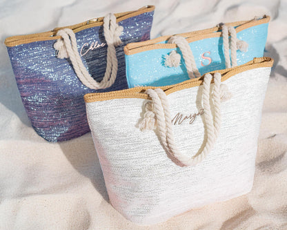 The Seaside Straw-Trim Canvas Tote — personalized straw-trim beach tote