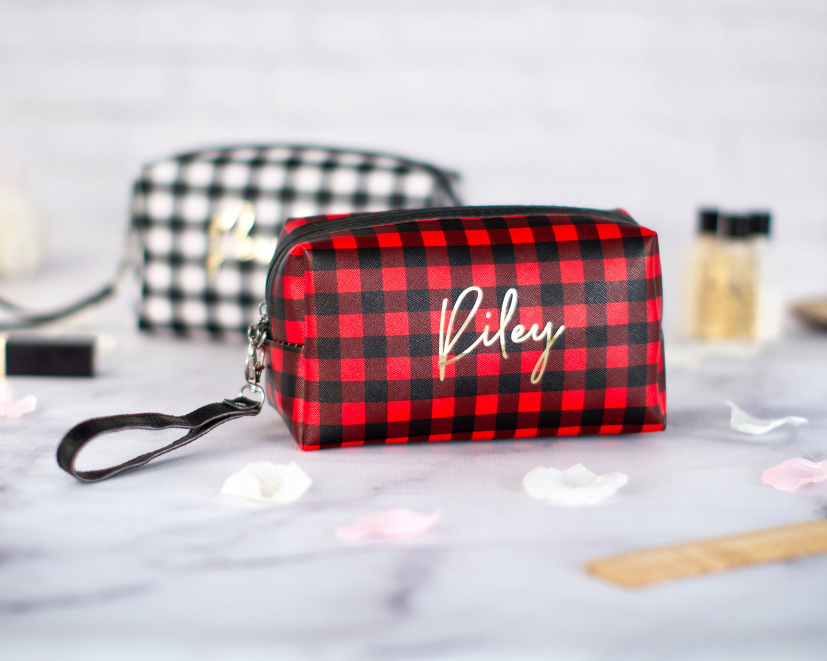 The Chalkboard Buffalo Plaid Zip Pouch — personalized buffalo plaid makeup bag