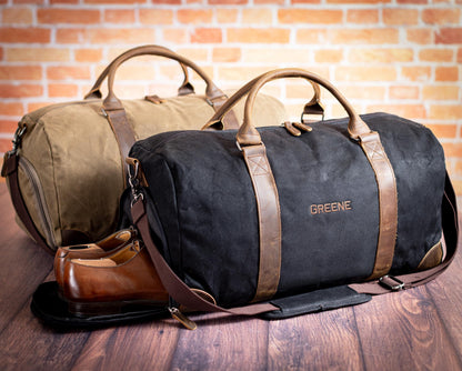 The Long Weekend Waxed Canvas Duffle — personalized waxed canvas duffle