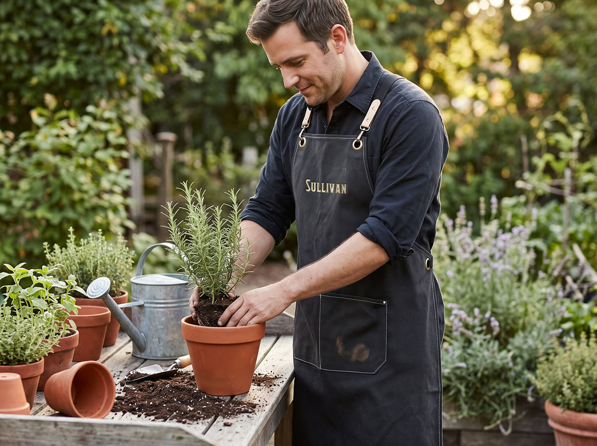 Gardener repotting rosemary in a terracotta pot while wearing a dark canvas apron embroidered with Sullivan.