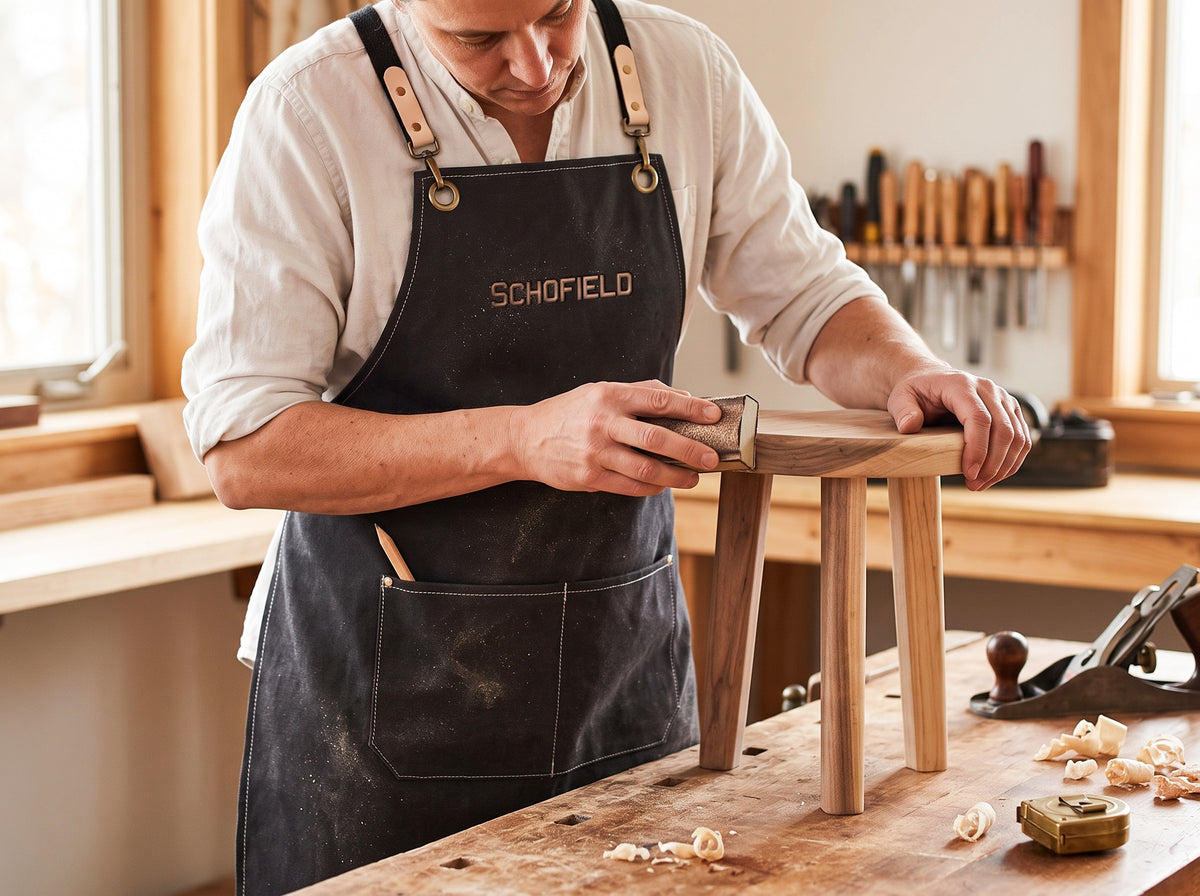 Woodworker hand-sanding a wooden stool in a black canvas apron embroidered with Schofield, with a pencil in the front pocket.