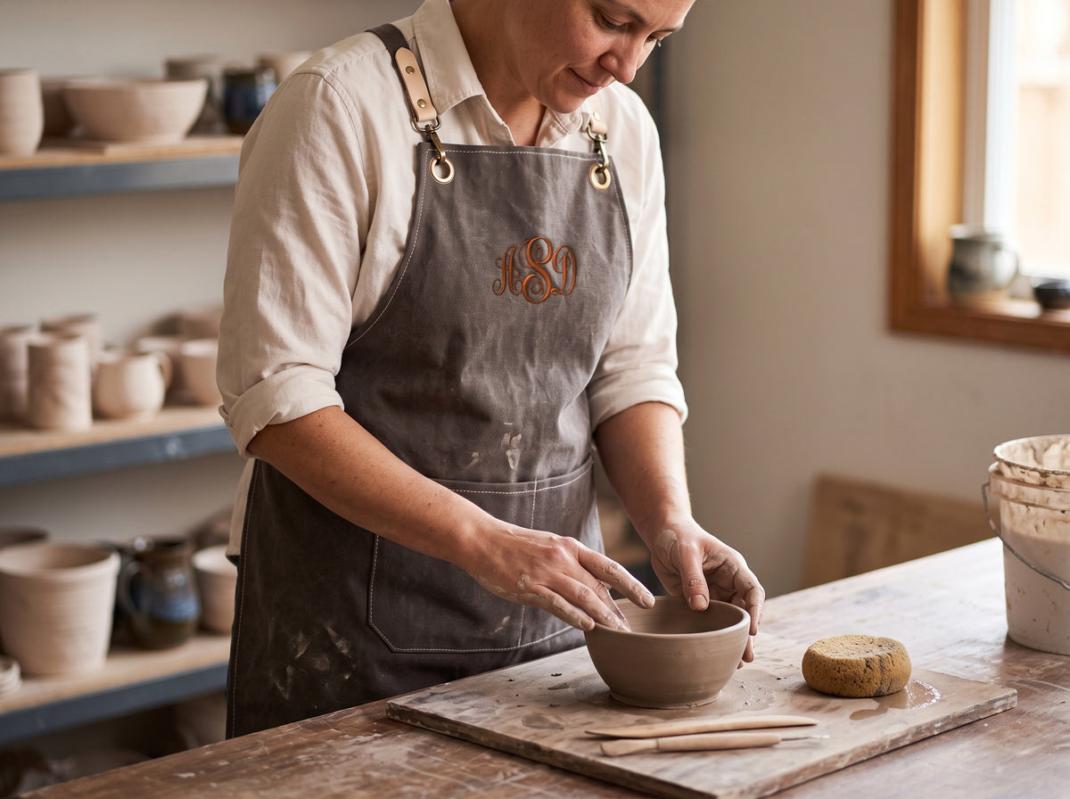 Potter shaping a clay bowl by hand while wearing a gray canvas apron with an embroidered monogram and front pockets.