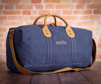 The Wanderlust Canvas Duffle, Indigo with Vegan Leather