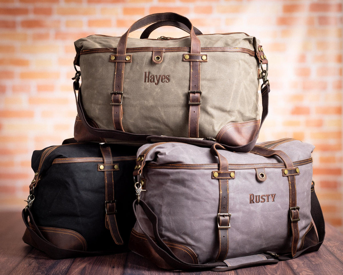 The Heritage Weekender Waxed Canvas Duffle — personalized waxed canvas & leather weekender