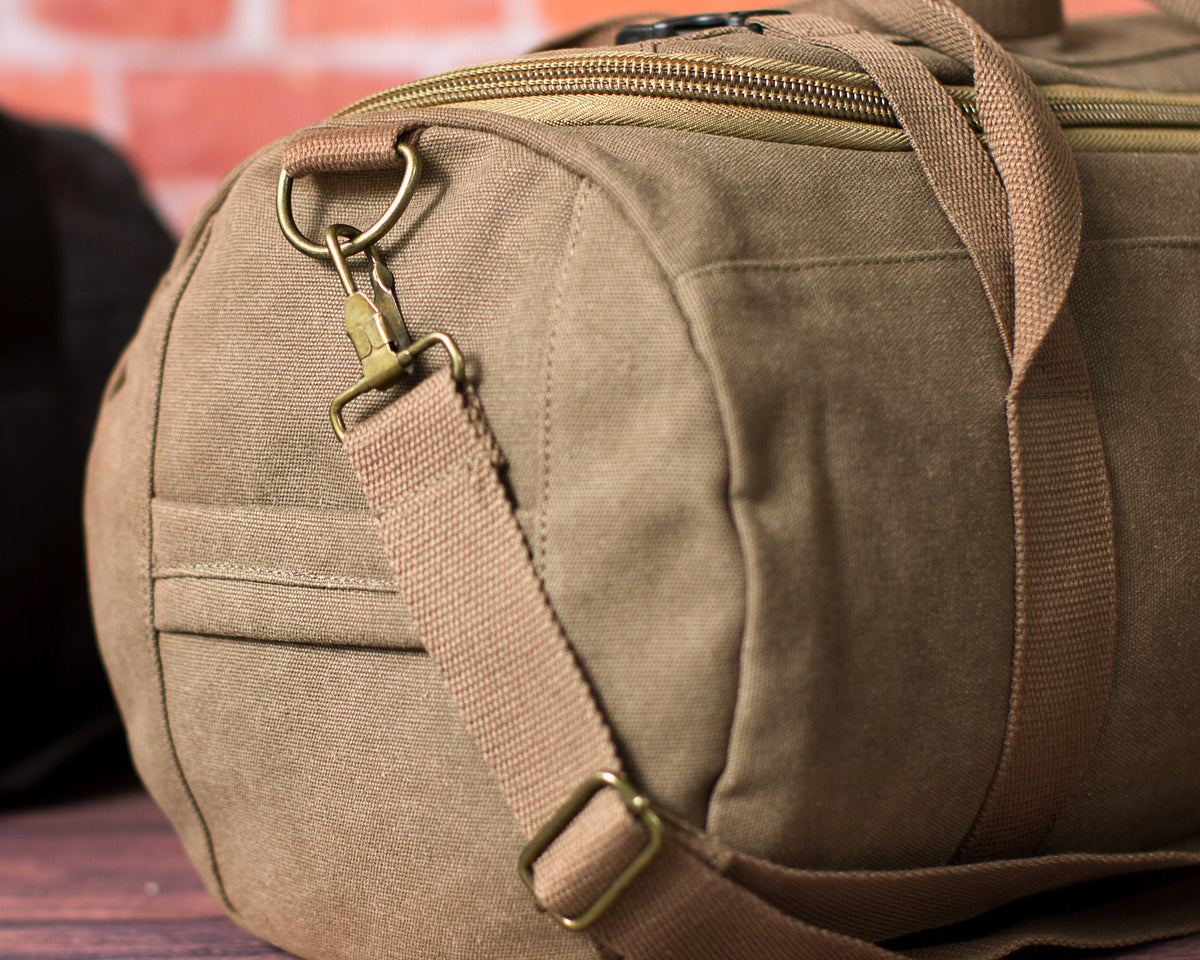 Washed canvas weekender duffle, outside mesh pocket
