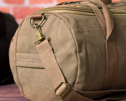 Washed canvas weekender duffle, outside mesh pocket