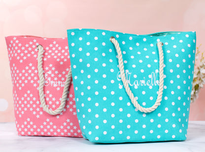 The Sandbar Printed Canvas Beach Tote — personalized polka dot beach tote