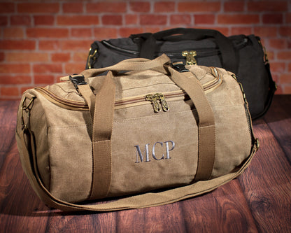 Washed canvas weekender duffle, detail