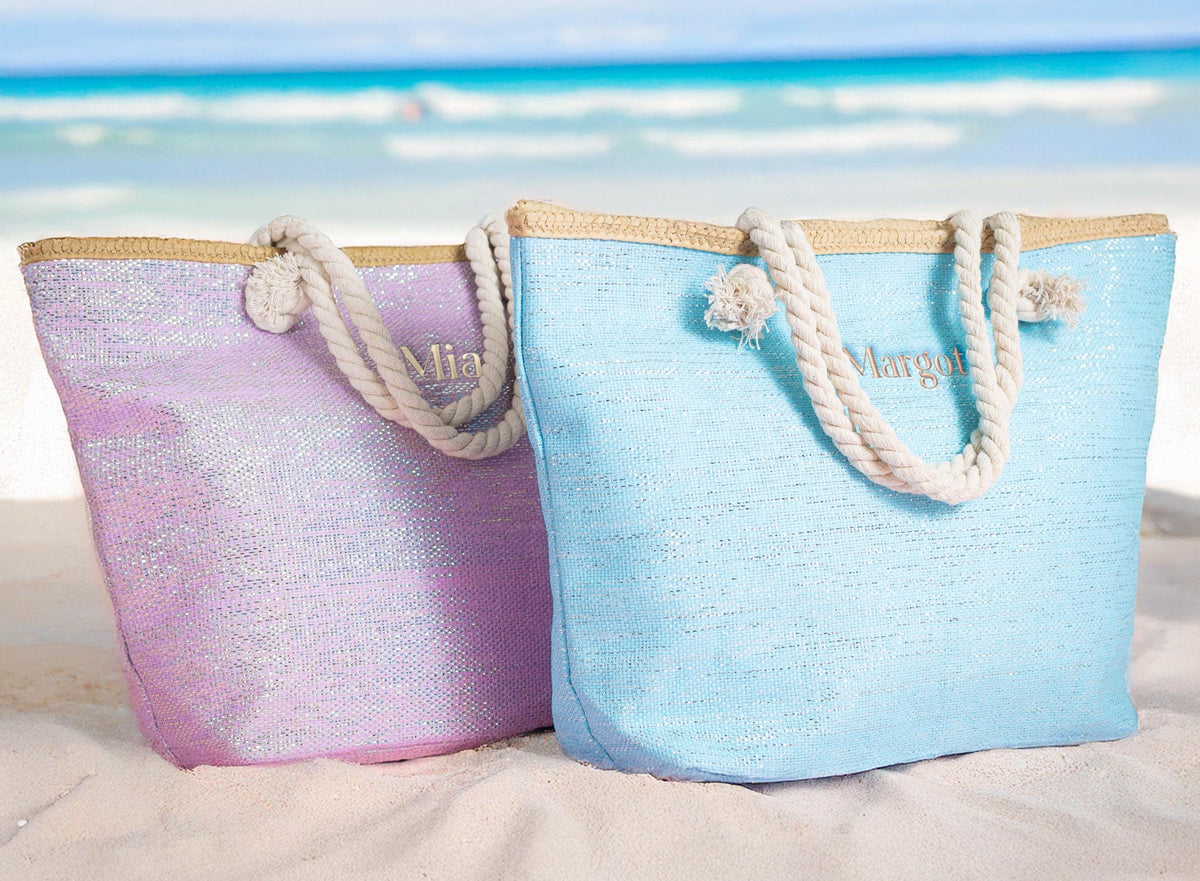 The Seaside Straw-Trim Canvas Tote — personalized straw-trim beach tote